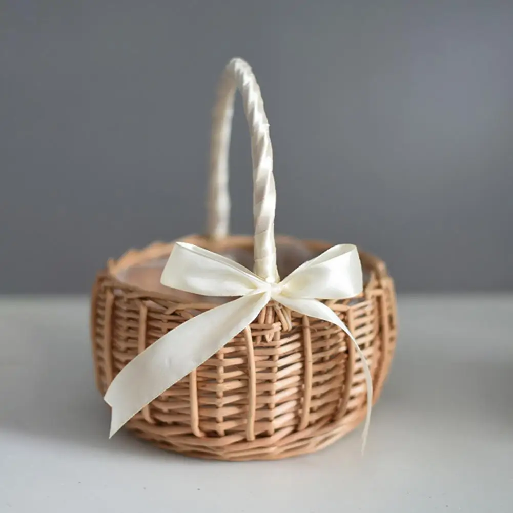 Woven Baskets Handle Design Woven Wicker Basket Handmade Rattan Storage Basket With Bow Retro Decorative Woven Flowerpot