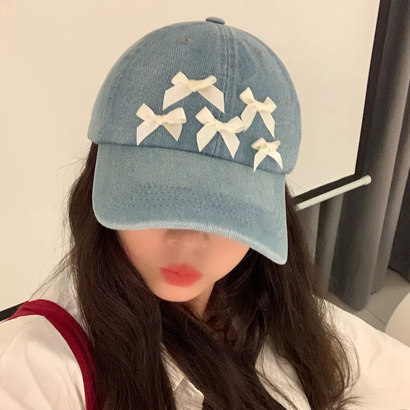 Women's Korean-Style Bowknot Embroidered Baseball Cap Spring Summer Fashion Casual All-Match Big Circumference Face-Looking