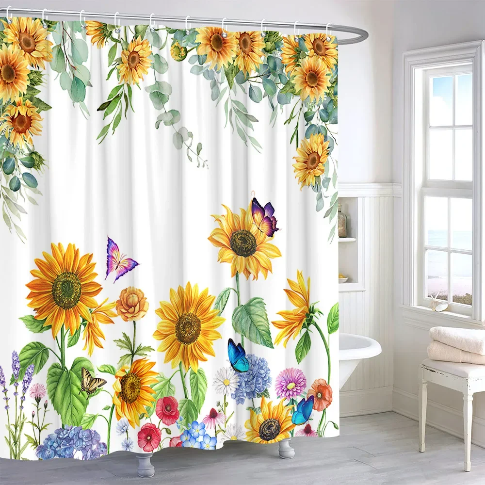 Watercolour Sunflower Shower Curtain Eucalyptus Leaf Butterfly Flower Cloth Bath Curtains Autumn Rustic Botanical Bathroom Decor