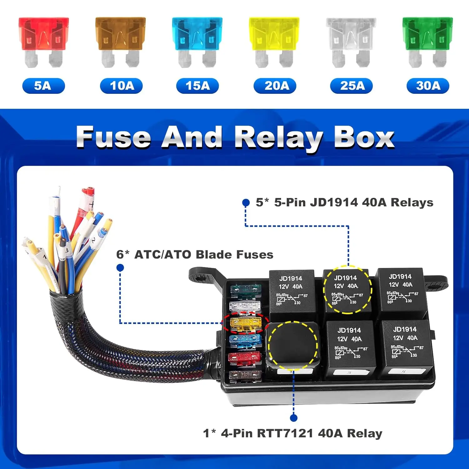 11 Way Relay 12V Automotive Fuse Blocks Relay Box with 12 AWG Pre-Wired Waterproof Fuse Box, ATC/ATO Blade Fuse for Auto Car