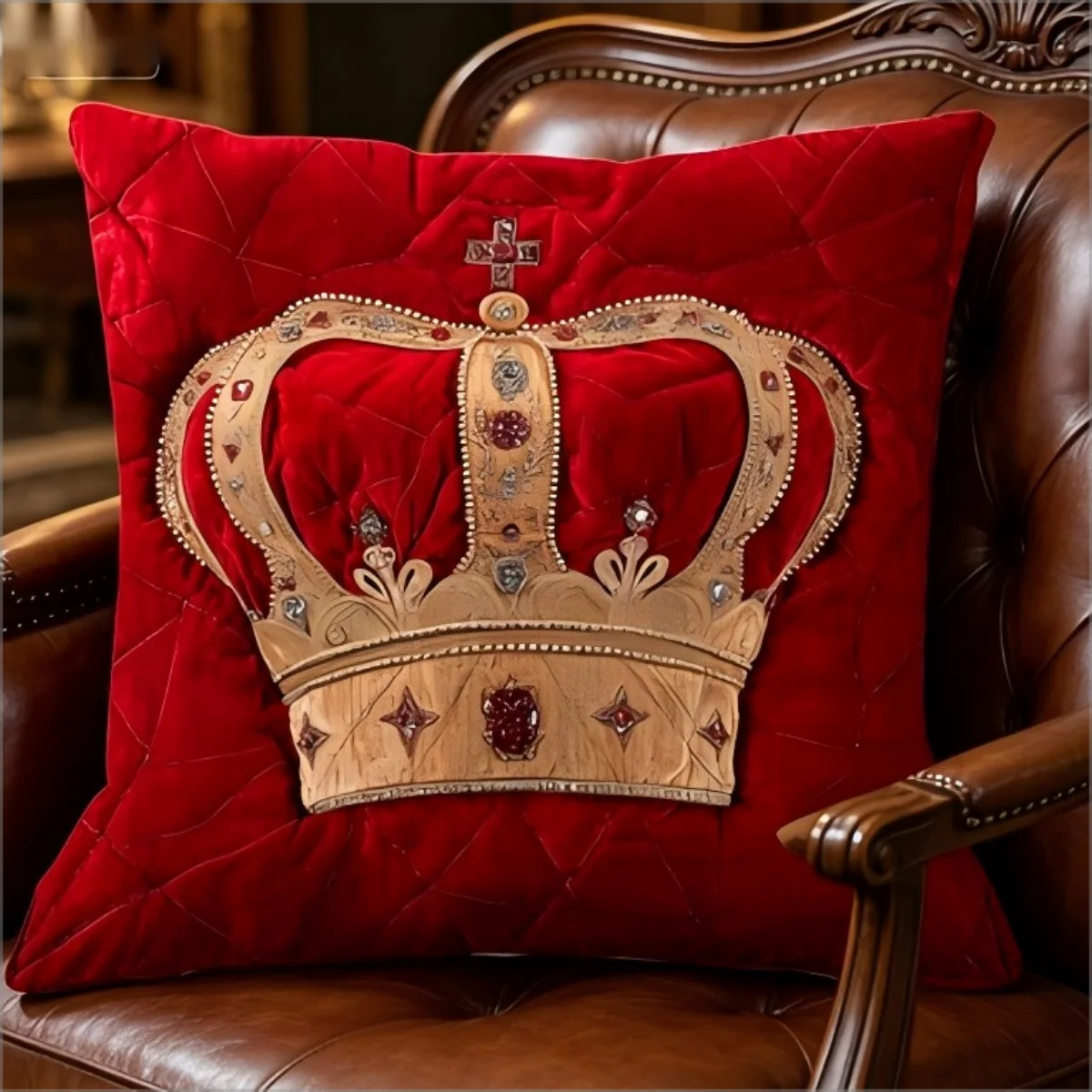Roter Samt-Kronen-Kunst-Kissenbezug mit Juwelenbesetztem Königlichen Kronen-Druck, Dekorativer Kissenbezug für Schlafzimmer, Sofa, Couch, Heimdekoration