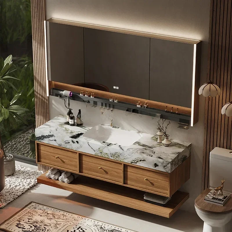 Medieval style bathroom cabinet combination luxury stone seamless ceramic basin wash table wash basin cabinet