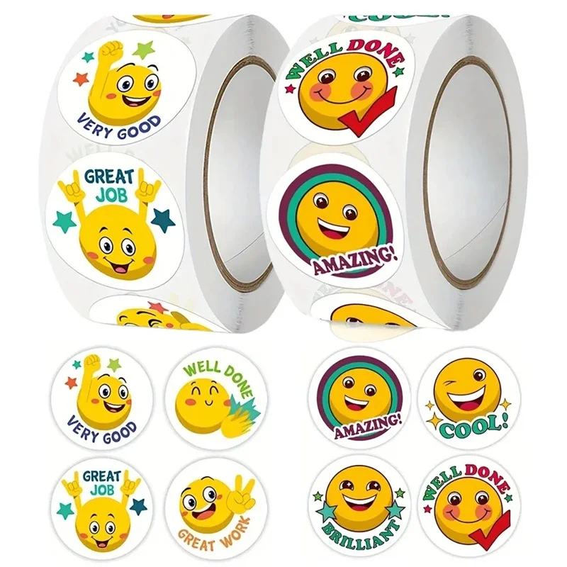 500Pcs/Roll Cartoon Funny Smile Face Expression Reward Stickers Round For PC Pad Fridge Gift Diy Study Student Decor Sticker