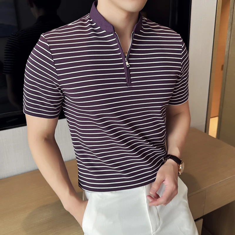 Summer Purple Polos Shirt Men Striped Half Zipper Collar Chinese Style Contrast Color Short Sleeve T-shirt Comfortable Soft New