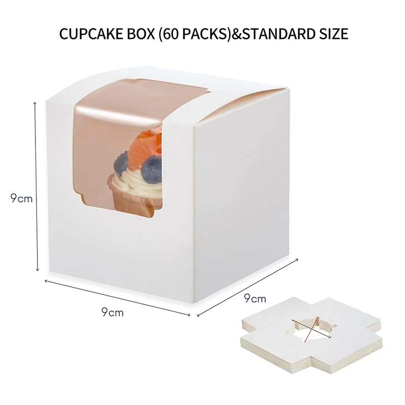 B62B-100Pcs White Cupcake Box Individual With Insert, Small Single Favor Pastry Treat Boxes With Clear Window