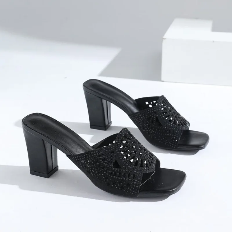 

Women Crystal Rhinestone Fish Mouth Shoes Waterproof Platform Lady Rhinestone High Heels Square Toe Sandals 8cm Plus Size 42 43