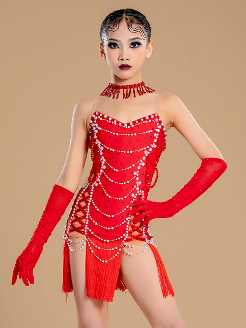 National Standard Latin Dance Professional Costume Kids Girls Tassel Skirt Diamond Rumba Sumba Dress Stage Performance Dancewear