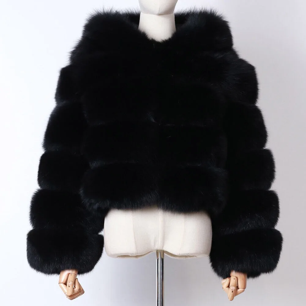 Women Black Real Fox Fur Coat With Hood Winter Warm Short Jacket Thick Outwear