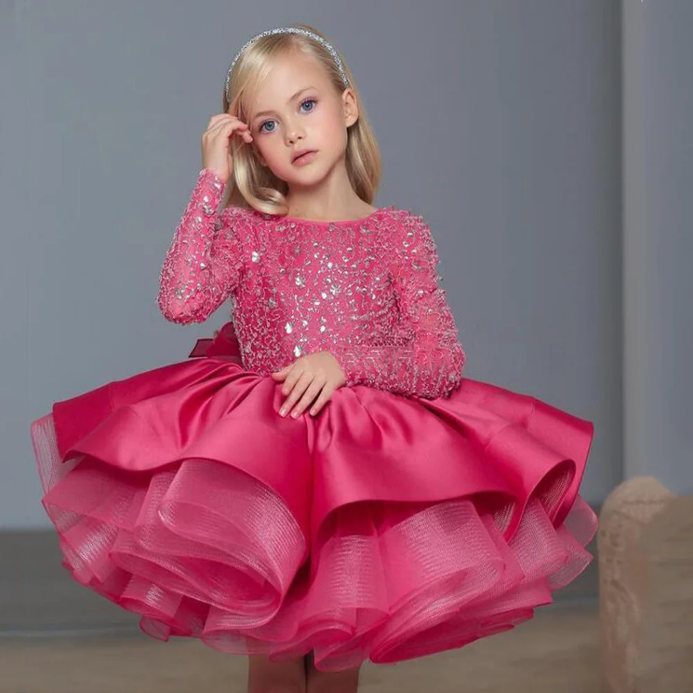 Fucsia Glitter Flower Girl Dress Sparkling maniche lunghe Scoop Neck Ruffles Puff Birthday Party Gown Toddler Pageant