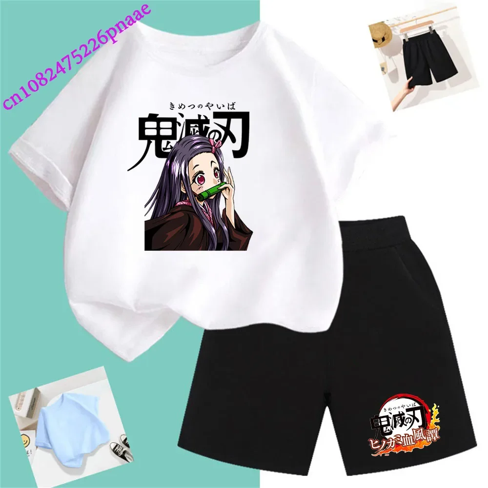 Demon Slayer t shirt Fashion Summerdress2024 Short Kid Short T-shirt Baby Tee Sets Fashion Casual O-neck Breathable KawaiiShorts