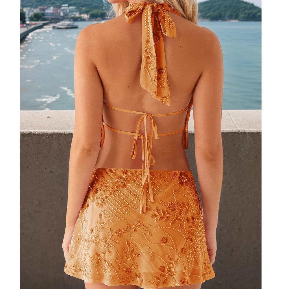 

Dourbesty Women y2k Beaded Sparkle Sequin Sleeveless Backless Halter Neck Tanks Tops Glitter Rhinestone A-line Skirts Party Club