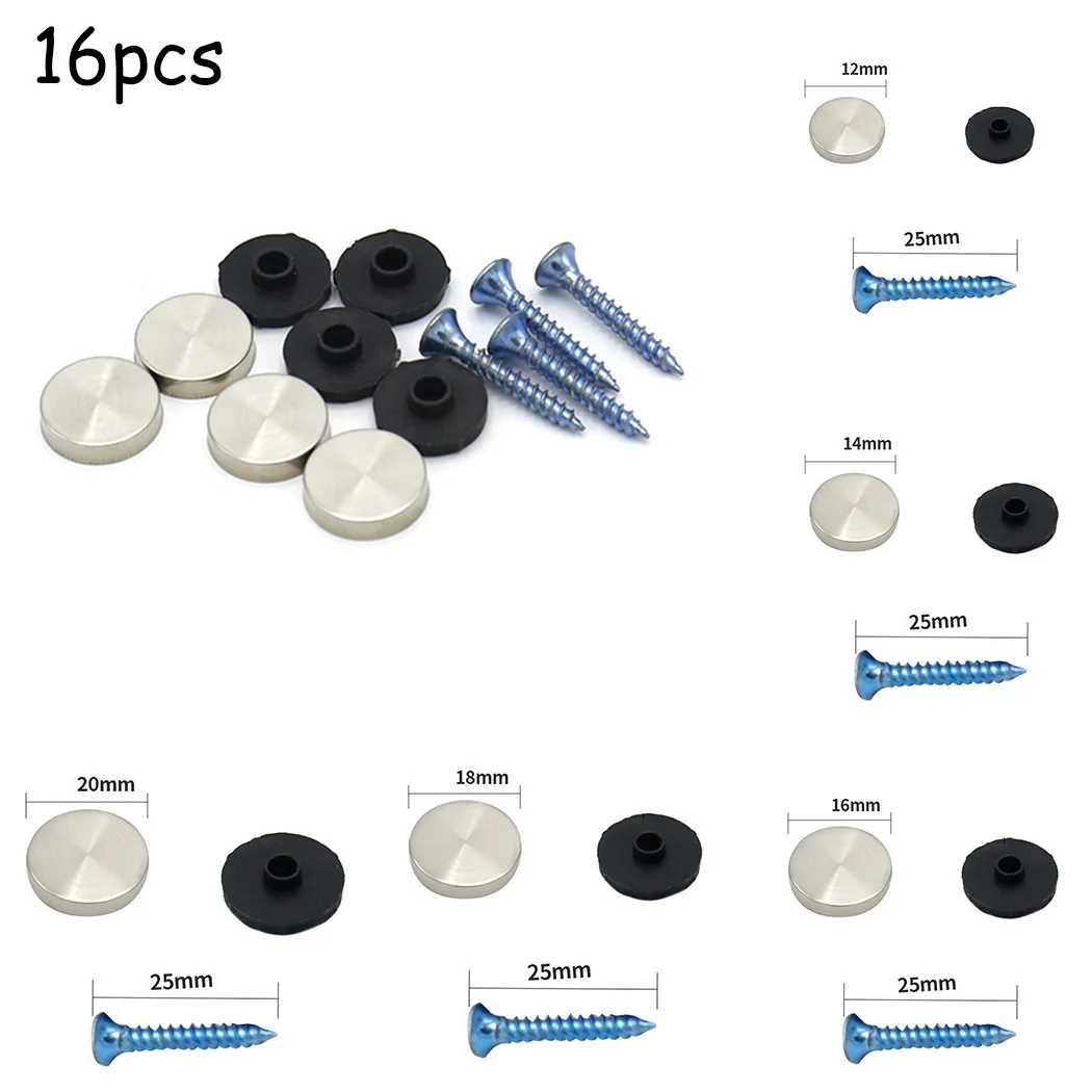 16Pcs Mirror Screws Cap Fasteners Screws Chrome Decorative Cap Nail Glass Screw Stainless Steel Cover Furniture Hardware