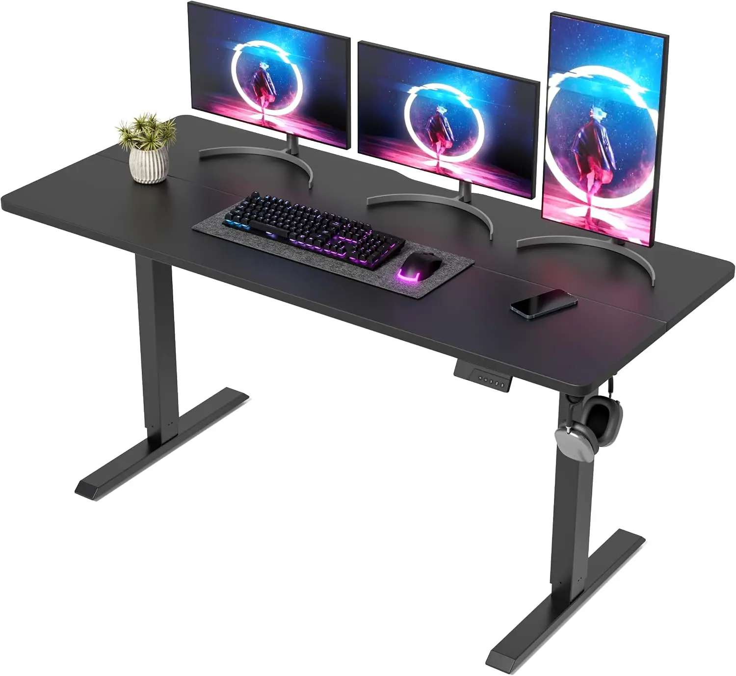 Electric Height Adjustable Sit Stand Desk 63x28 Inches Computer Office Desk Black Frame Black Top Splice Board