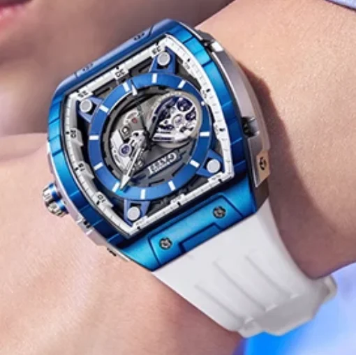 

BONEST GATTI Men Automatic Watch 46mm Tonneau Mechanical Wristwatch Sapphire Luminous Skeleton Dial Fluororubber Strap