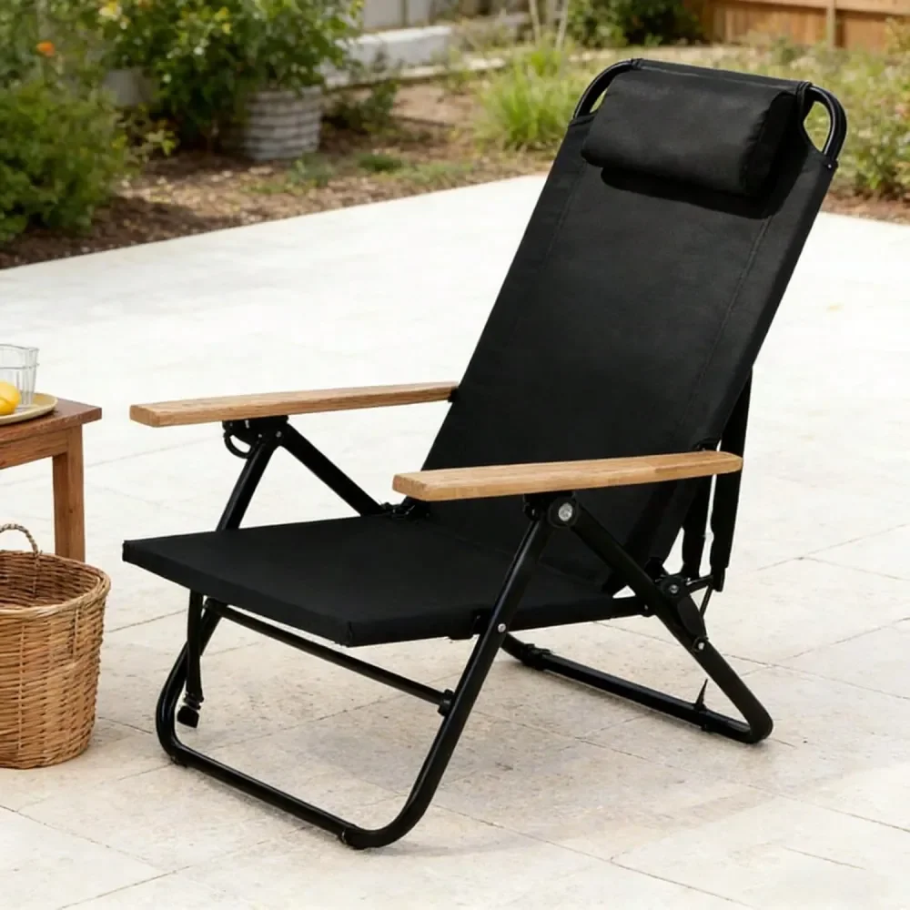 

Portable Camping Chair 5Position Recliner Beach Folding Lightweight Outdoor Chair With Wooden Armrests, Headrest, MultiPockets