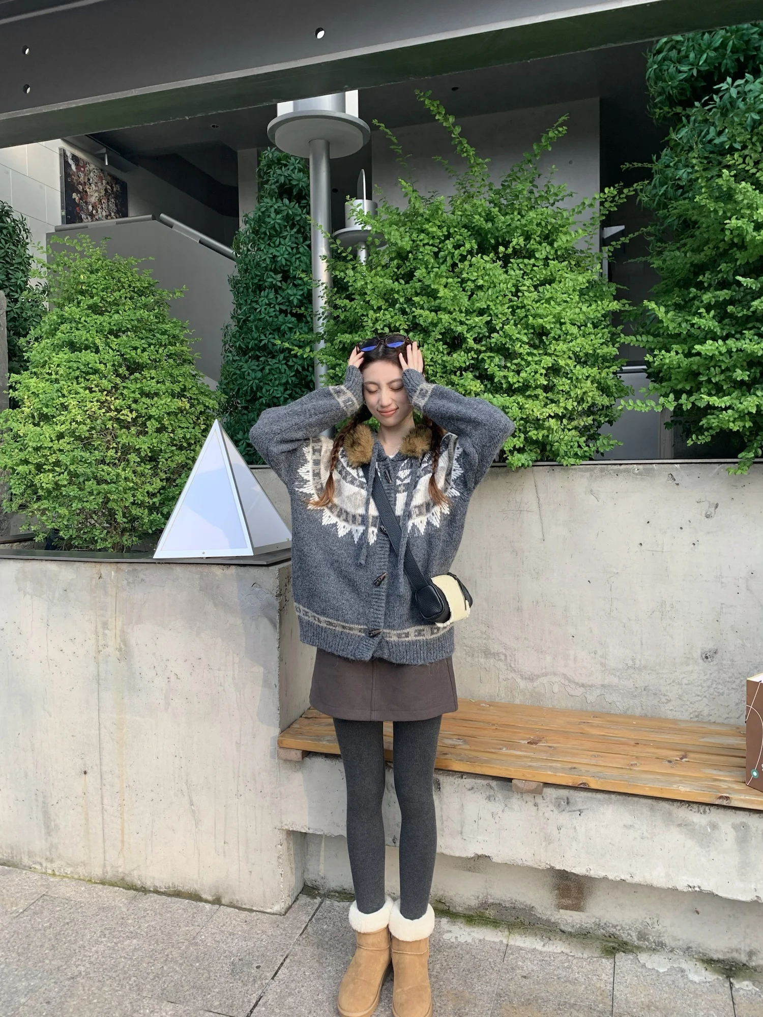 

7arewill Autumn Winter Detachable Fur Collar Fair Isle Button Open Cardigan Sweater Jaet Women's Loose Fit Warm Thermal