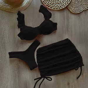 Bikini set of wavy fabric for women, low waist swimsuits, cover up, push up, pleated, beach bath, monochrome, 2023 11 Main Sales Bikini with Bunda Fill - №6