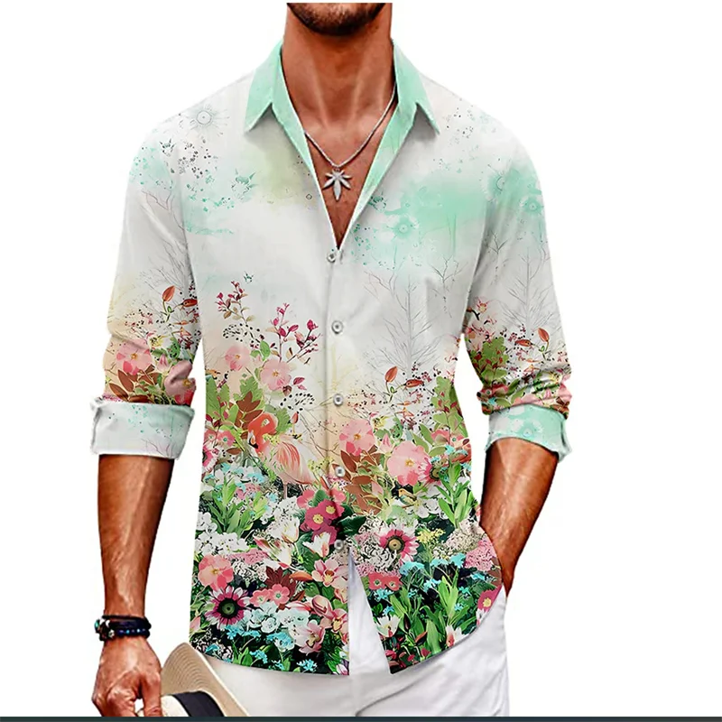 2023 men's flower shirt summer leisure lapel street graffiti flower printing long sleeve oversized shirt men's cardigan