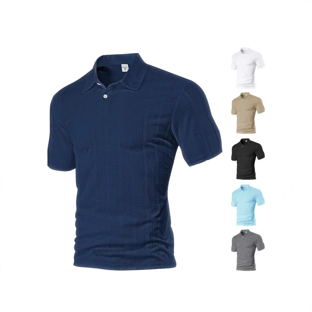 Casual Spring Men's Summer Thin Solid Color Short Sleeve Full Polyester Imitation Hemp Small Checked Lapel Shirt Men's Shirt