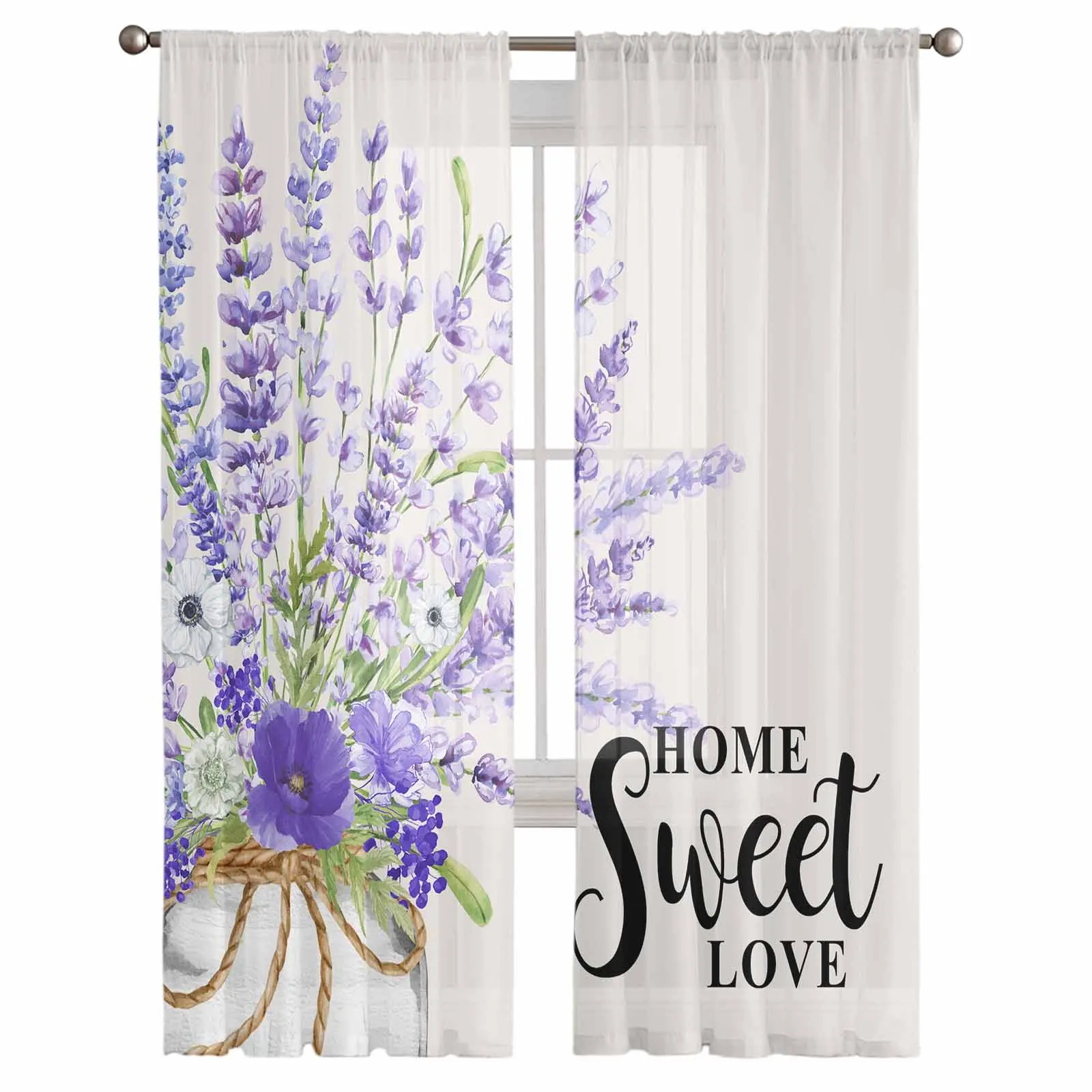 Watercolor Lavender Bottle Sheer Tulle Curtains for Living Room Valance Curtains Kitchen Bedroom Window Voile Drapery