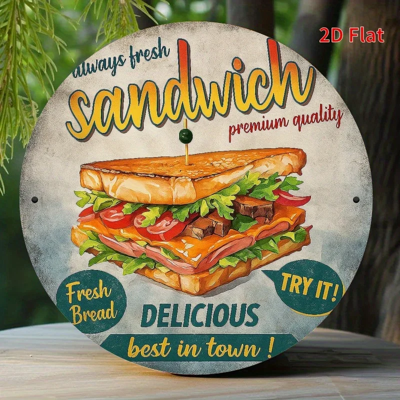 2D Flat Printing, Delicious Sandwich Advertising, Metal Plate Design, Suitable for Home, Office, Bedroom Decoration, Coffee Shop