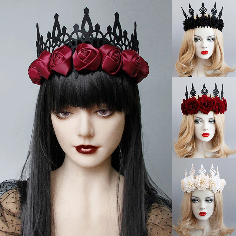 Vintage Witch Women Head Wreath Gothic Black Crown Roses Tiara Headband Halloween Party Cosplay Vampire Princess Magic Accessory