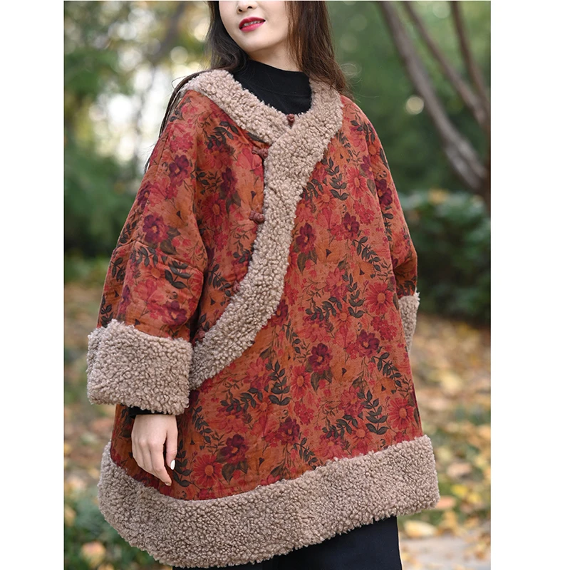 2025 New Arrival Winter Women Vintage Floral Print Single Breasted Long Sleeves Cotton Casual Parkas Loose O-neck Coats J201