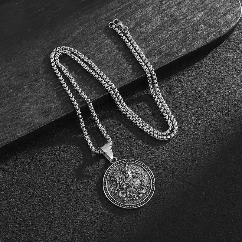 Megin D Stainless Steel Titanium Vintage Hip Hop St George Fighting the Dragon Charm Pendant Collar Chain Necklace for Men Women