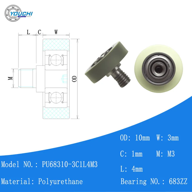 

5pcs PU Bearing Rollers 10mm With Screw M3 PU68310-3C1L4M3 Polyurethane External Threaded Pulleys 10mm PU 683ZZ Bearing