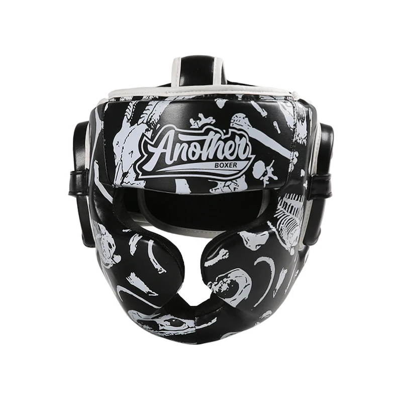 Casco per MMA, Muay Thai e Kickboxing in Pelle PU con Protezione Completa per le Orecchie, Copricapo da Boxe con Stampa Scheletro in Pelle per Adulti