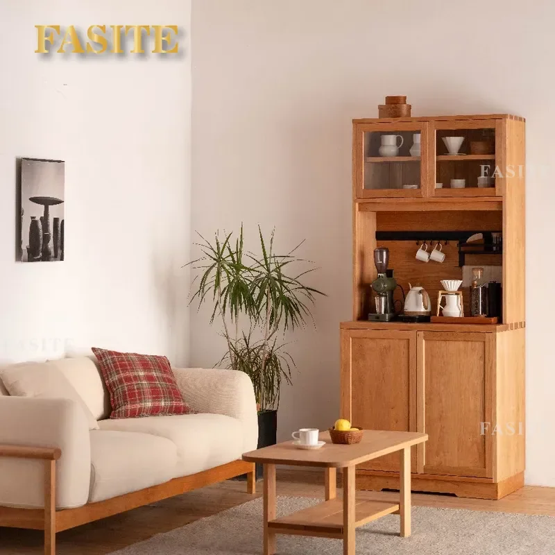Nordic Solid Wood Side Cabinet Japanese Style Kitchen Storage High Cupboard Tea Cabinet Simple Dining Room Locker for Food