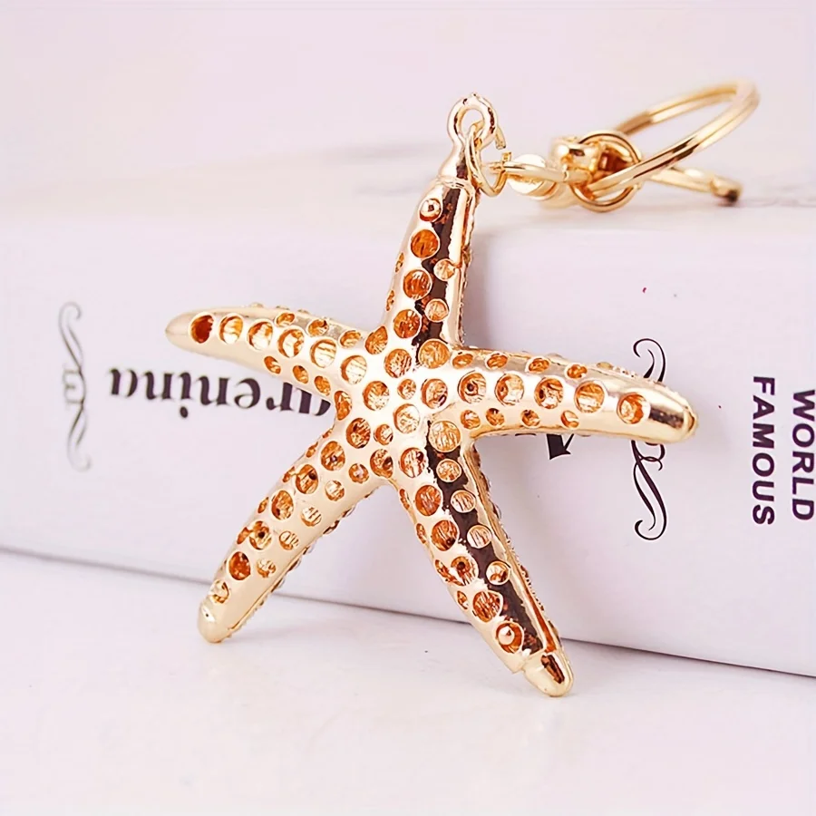 [Rhinestone Starfish Keychain] 1pc Rhinestone Starfish Keychain - Golden-Tone Metal, Sparkling Marine Charm with 5-Pointed Star Design, Clear Bag Charm Key Ring Accessory for Women, Beach-Themed Gift for Valentine's Day, Birthdays, Everyday Use