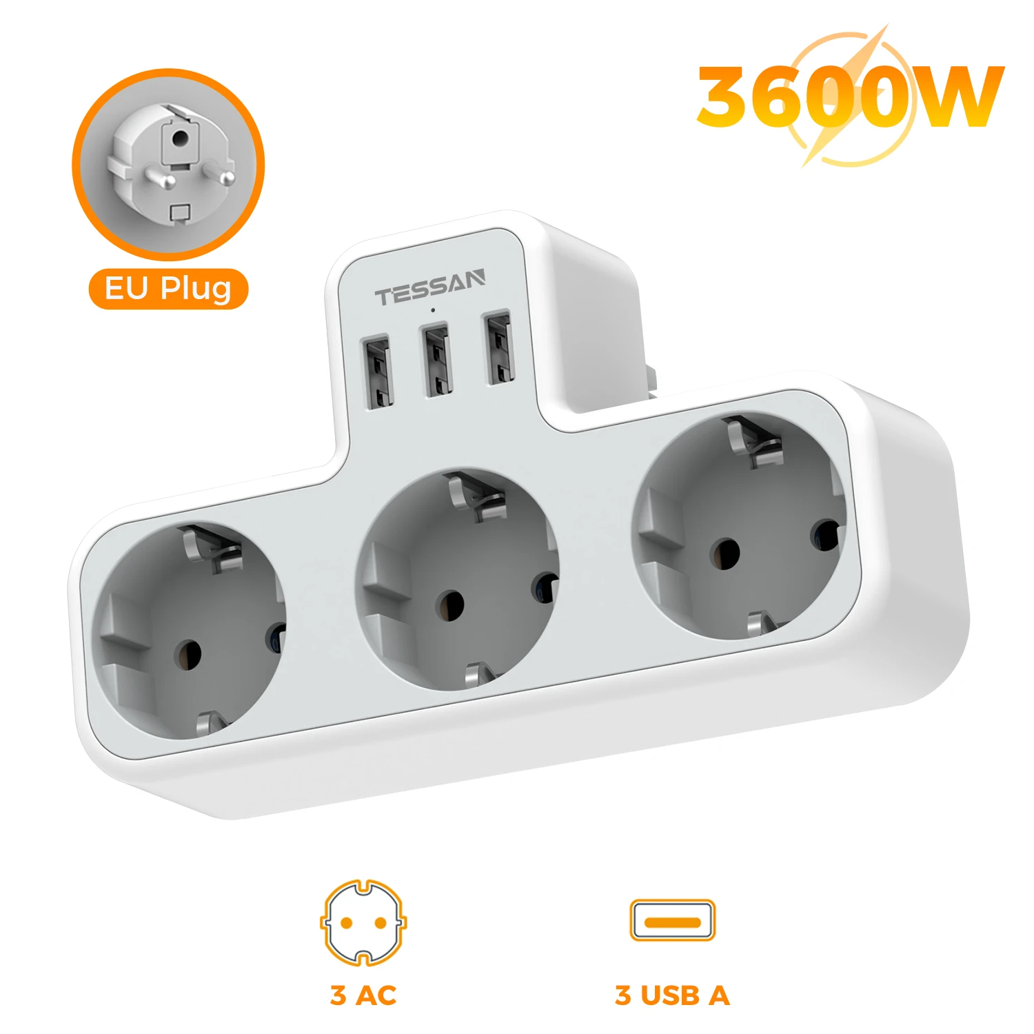 TESSAN Mehrere Steckdosen mit 3 AC-Steckdosen, Ladeanschlüssen, EU-Stecker, Wandsteckdosenleiste mit Überlastschutz, 3fach Stecker Eu