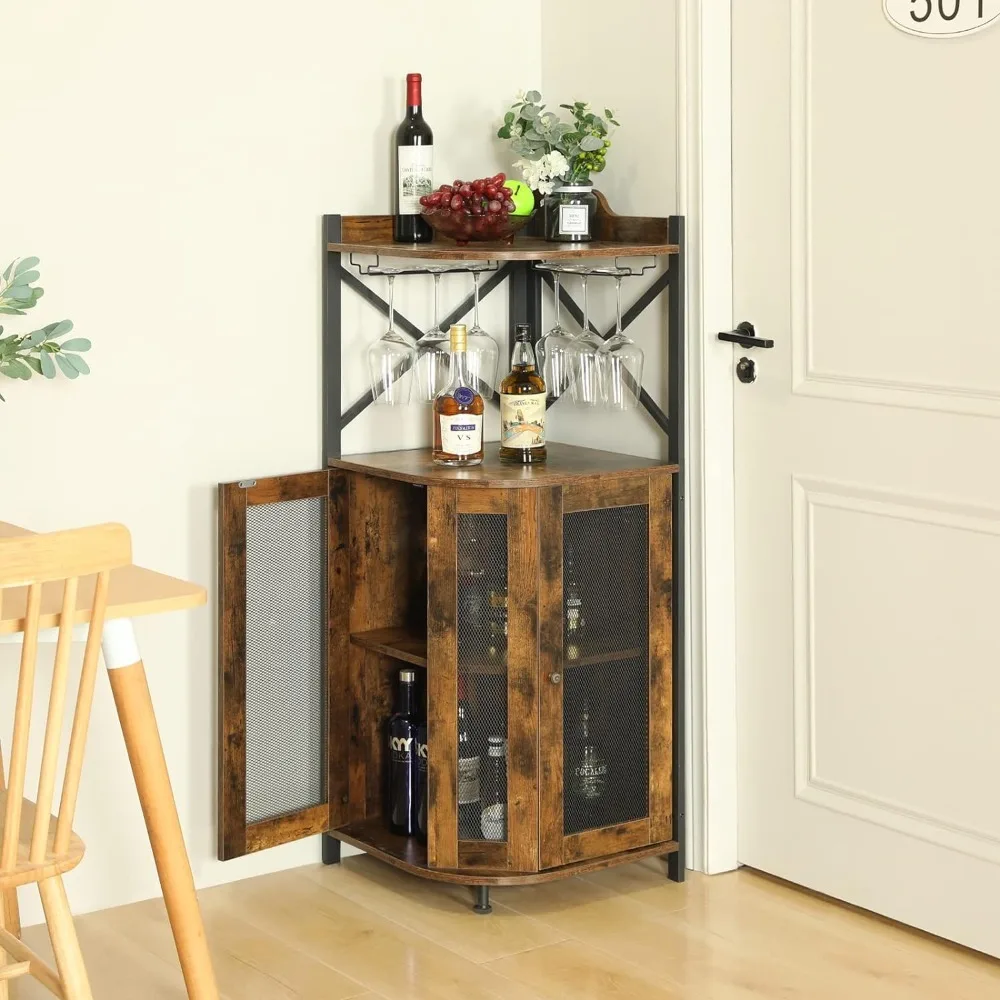 Gabinete de barra esquinero con soporte de vidrio, gabinete Industrial, gabinete de barra de licor, barra casera para almacenamiento de licor y vino, Marrón rústico