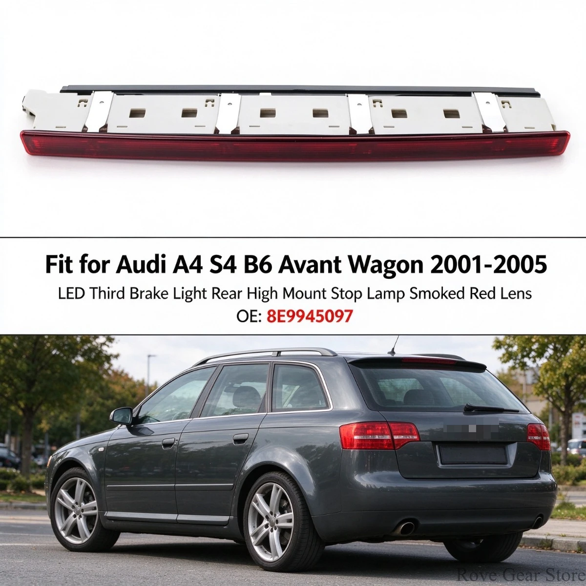 アウディa4-s4-b6-アバントワゴン-2001-2005年式用-led-3つ目ブレーキライト、リア高位置設置型、スモークレッドレンズ、品番：8e9945097
