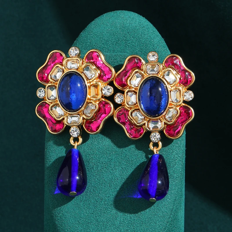 

Vintage Colorful Blue Glass Flower Earring Drop Natural Stone Jewelry Antique Gold Plated Trends 2026 Accessories Engagement New