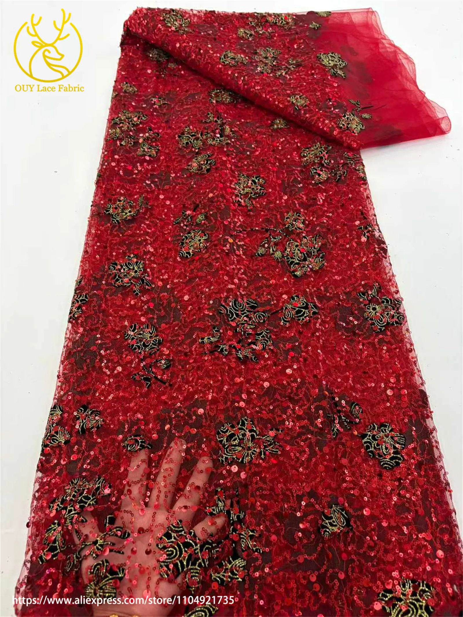Afrikanischer Pailletten-Spitzenstoff, 2025, hochwertige Bräutigam-Stickerei, französischer nigerianischer orangefarbener Tüll-Spitze, Material für Hochzeit, Party, Kleid – Detail 11