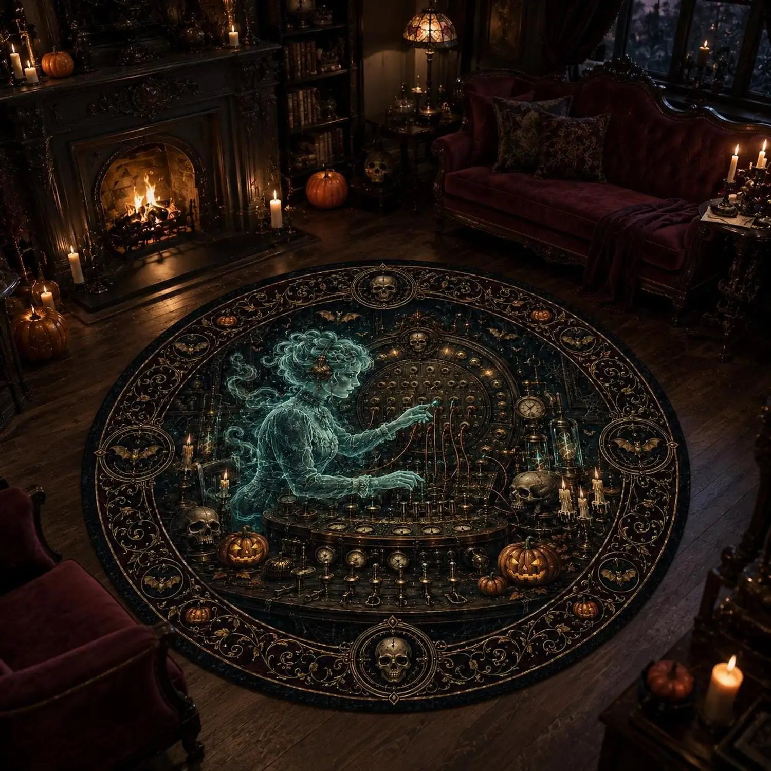 【Room Decor Carpet】Ghost Telegraph Carpet, Gothic Round Carpet, Haunted Study Room Decoration