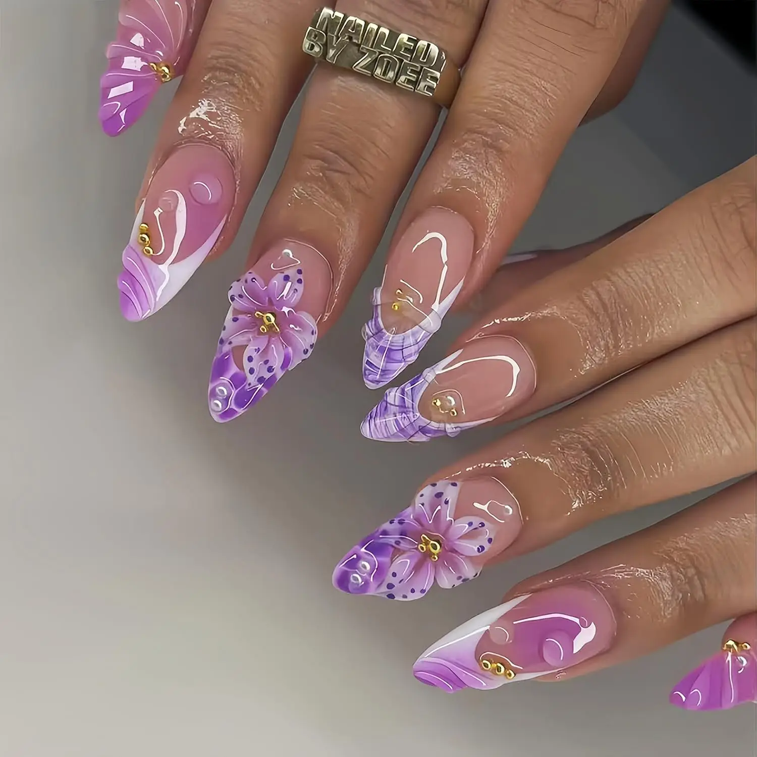 Purple Pink Press on Nails Almond Medium 3D Embossed Lavender Fake Nail Spring Summer Floral Full Cover Stick on Nail Floral