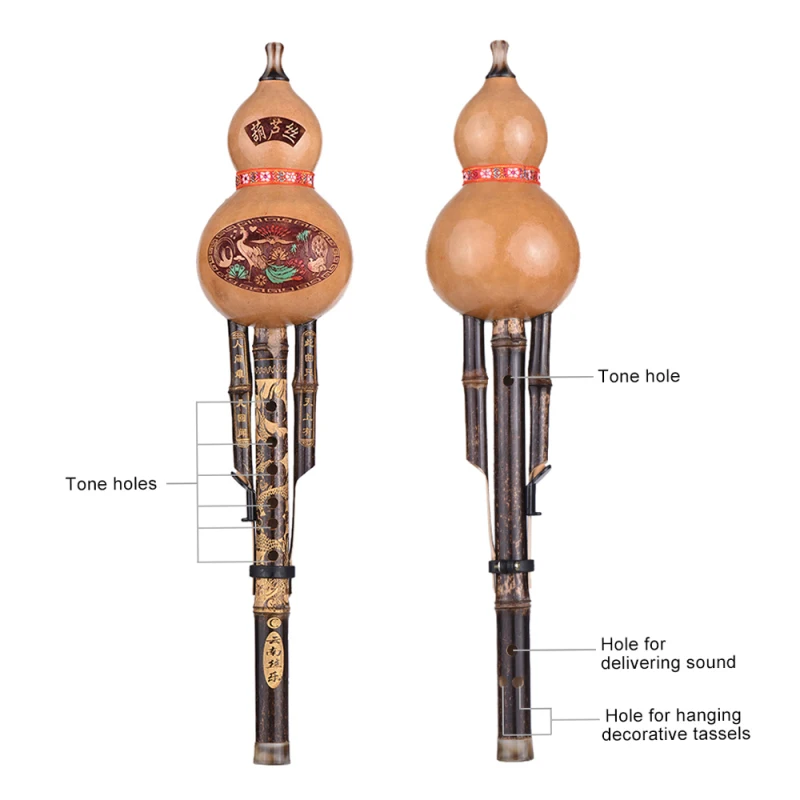 Chinese Handmade Black Bamboo Hulusi Gourd Cucurbit Flute Ethnic Musical Instrument Key of C with Case for Beginner Music Lovers