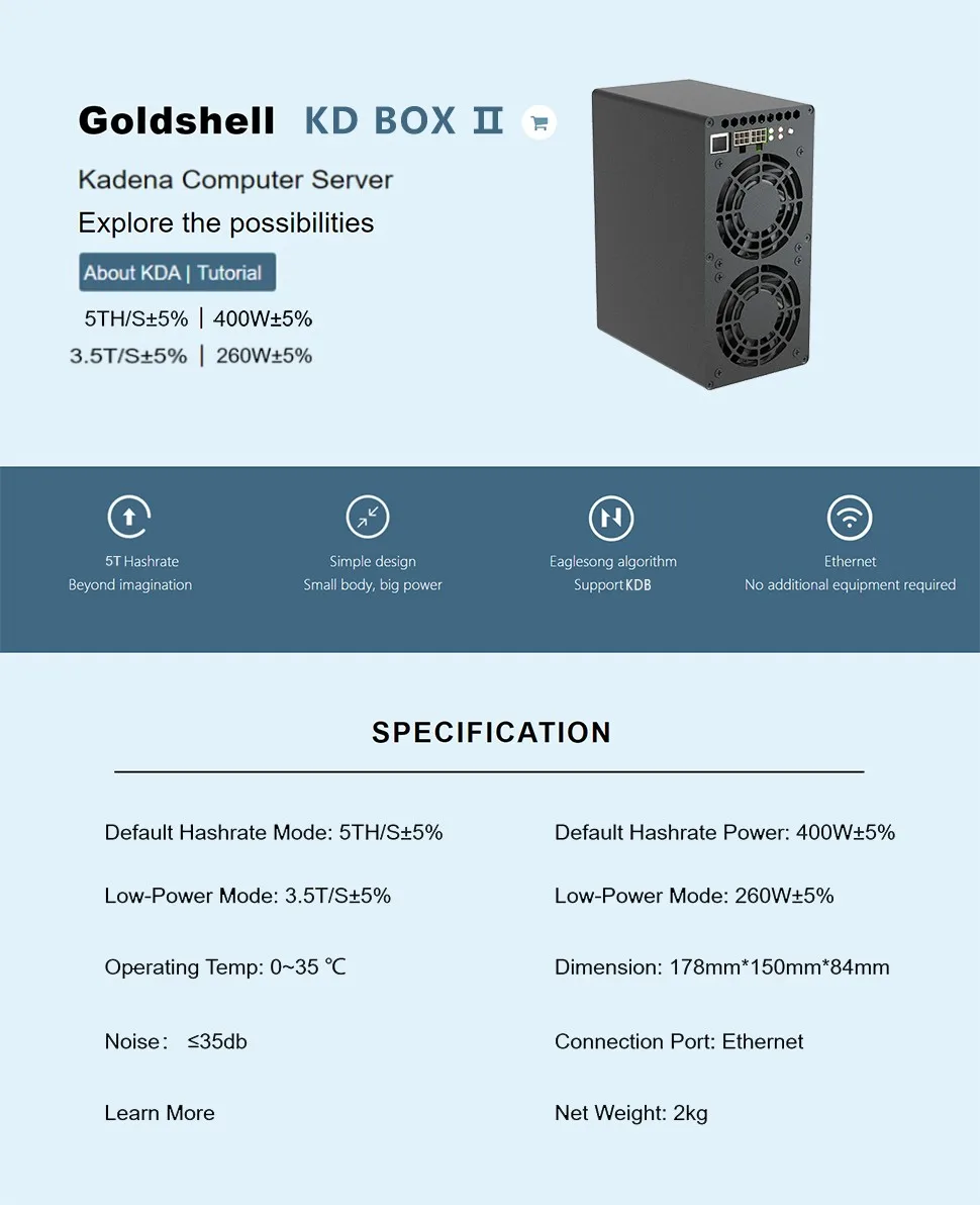 NewGoldshell KD BOX Ⅱ 5T Hashrate KDA Miner, BOX 2 KD, red silenciosa goldshell kda miner, nuevo