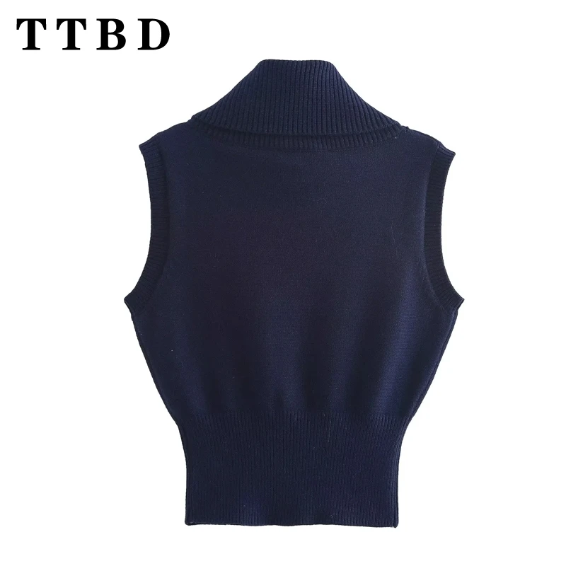 TTBD Frau 2024 Neue Herbst Mode Einfarbig Rollkragen Kragen Pullover Gilet Frauen Kleidung Casual Ärmelloses Stricken Top