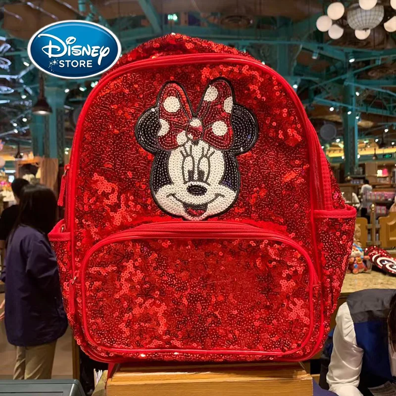 Disney Minnie Sequin Girls Backpack Shanghai Disneyland Minnie Mouse Large Capacity Cartoon Schoolbag Children Student Bookbag