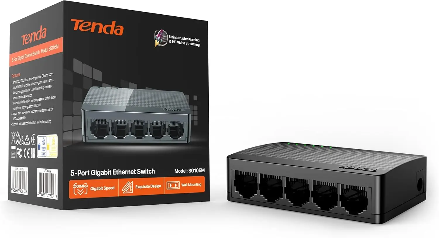 Tenda SG105, 5 Port Gigabit Switch, Unmanaged Ethernet Switch, Office Ethernet Splitter, Plug & Play, Plastic Case, Desktop