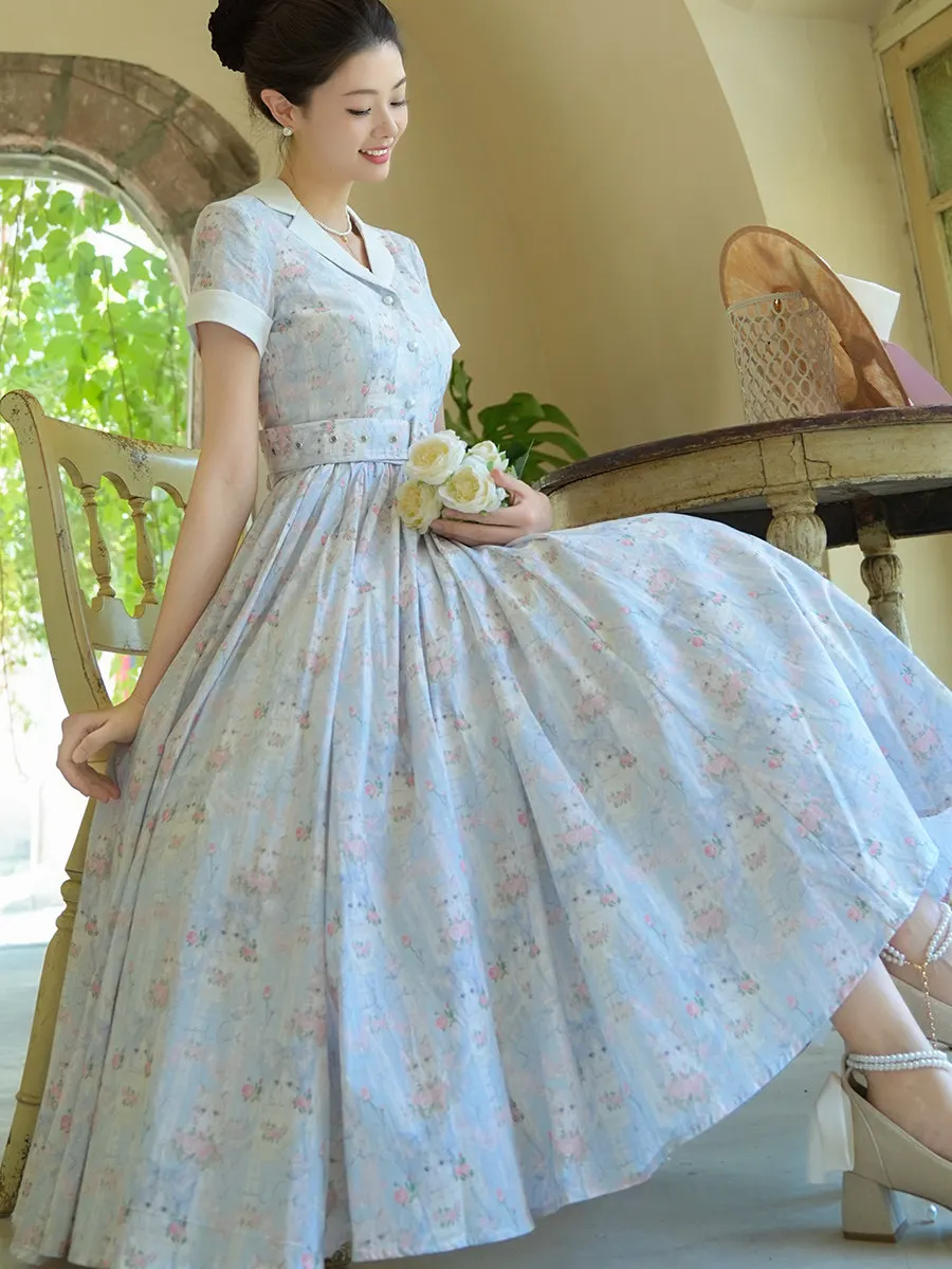 TIYIHAILEY Summer Women Dress Short Sleeve 100% Cotton Blue Long Mid-Calf Ladies S-XL Vintage High Waist Printed 2026 With Belt