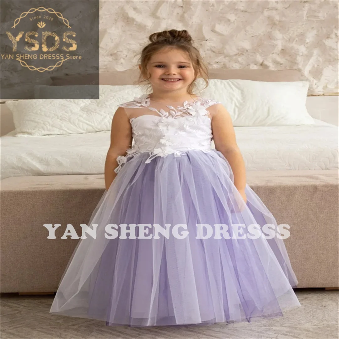 Lovely Tulle Puffy Pattern Flower Girl Dresses Embroidery With Tailing Sleeveless For Wedding Birthday First Communion Gowns