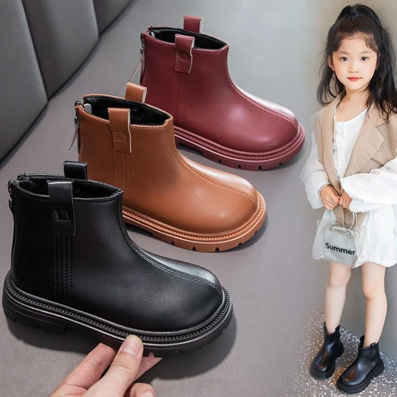 Girls Ankle Boots Kids Rubber Boots Unisex Fashion 2024 Autumn Winter Back Zipper Simple Classic Children Winter Shoes Anti-skid