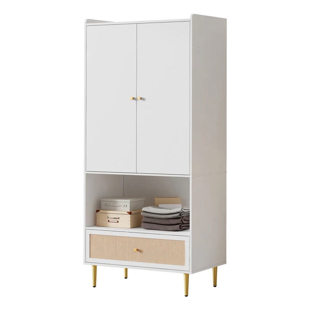 PINGGO Weißer Kleiderschrank mit 2 Türen, Rattanschublade, Metallbeinen und Griffen, 80x48x175cm, für Schlafzimmer und Wohnzimmer – Detail 13