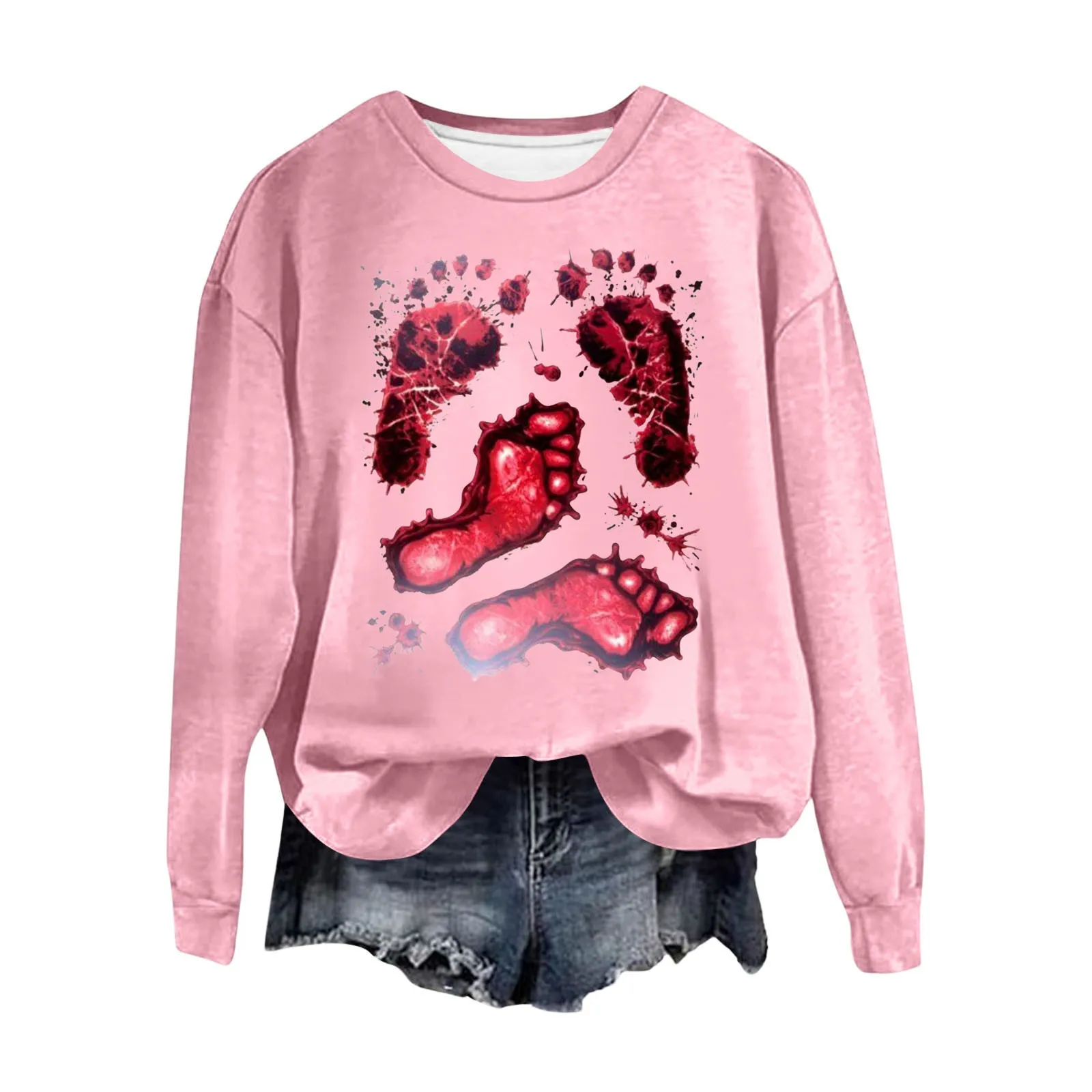 Sudadera con capucha con estampado de Halloween para mujer, jersey de manga larga con cuello redondo, estampado de cuatro huellas de sangre, tendencia de moda, informal