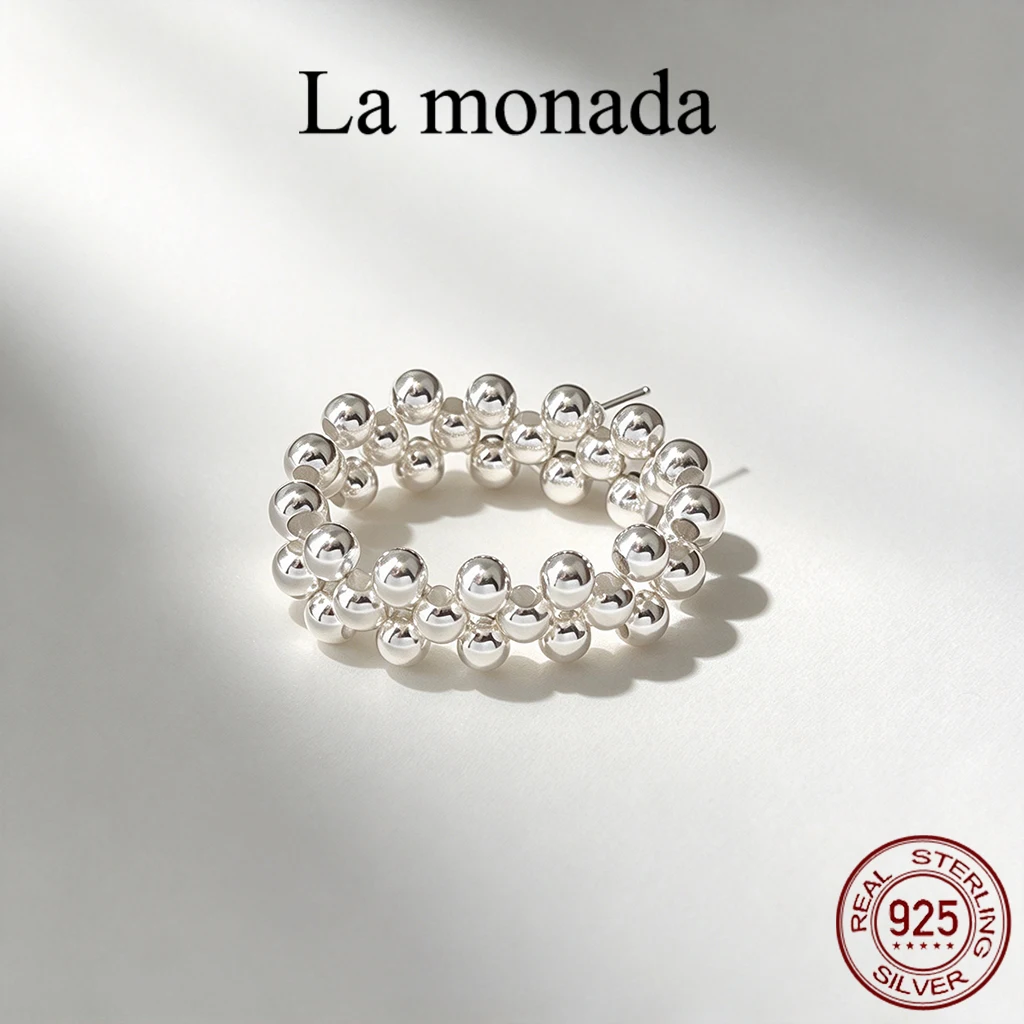 Min 56.5mm S925 Sterling Silver Beaded Stretch Ring for Women Minimalist Dainty Rice Bead Elastic Band Finger Ring Index